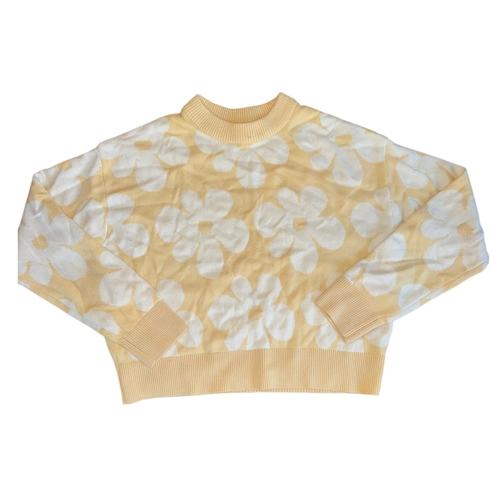 Womens Yellow White Flower Print Long Sleeve Knit Sweater Top